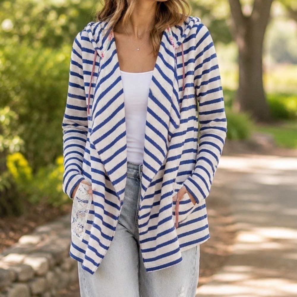 Matilda Jane Blue White Striped Lace Back Hooded‎ Cardigan Sweater Womens M S2